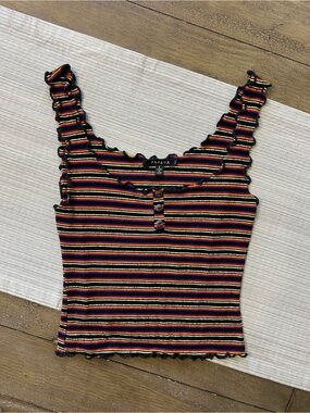 Papaya Rainbow Stripe Ruffle Tank Top – Y2K Ribbed Crop (Size S)